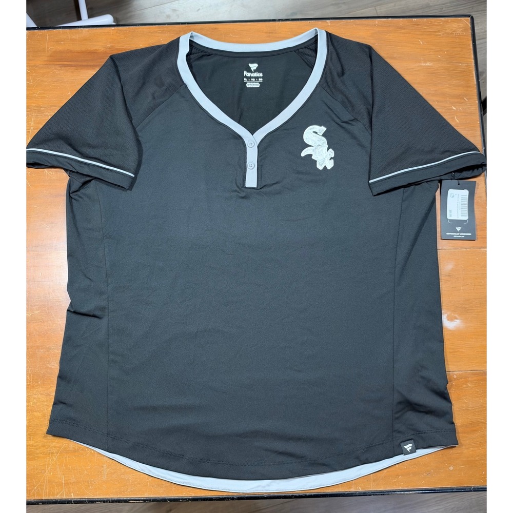 NWT Fanatics White Sox Jersey Women XL Black Sparkle Logo Relaxed Fit Henley